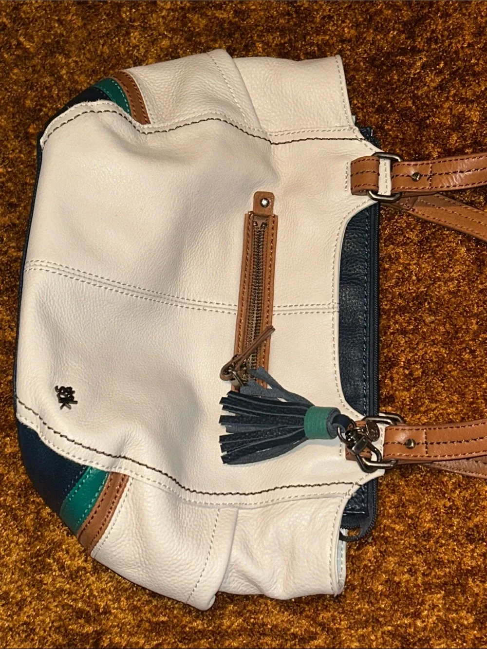 The Sak Cream, Navy & Teal Colorblock Shoulder Bag with Tan Handles